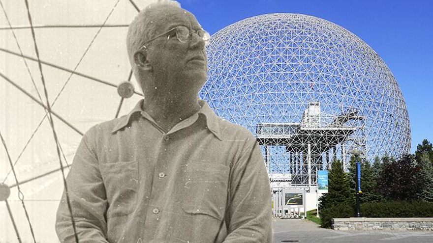 Montaje con la Biosphère de Montreal diseñada por Richard Buckminster Fuller delante de esta