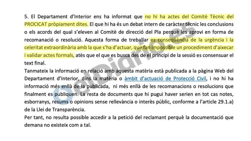Detalle de la respuesta de Salut a la petición de información