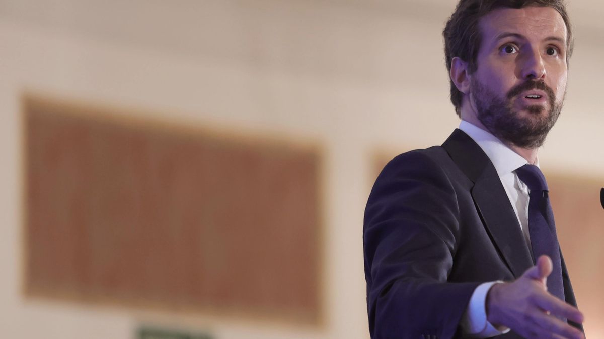 El presidente del Partido Popular, Pablo Casado, interviene durante un desayuno informativo del Fórum Europa, organizado por Nueva Economía Fórum, en el Hotel Four Seasons, a 7 de septiembre de 2021, en Madrid (España).
