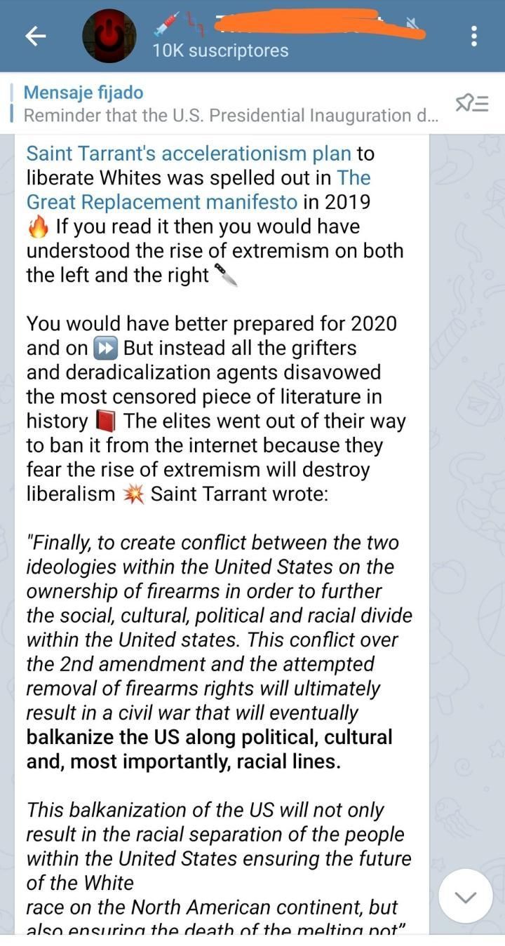 Captura de grupo aceleracionista en Telegram donde se hace referencia al manifiesto del terrorista Brenton Tarrant.