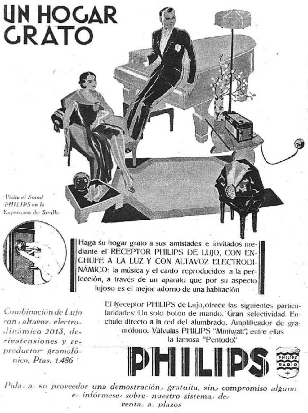 Anuncio de aparatos de radio de Philips, uno de los grandes anunciantes en la prensa española del momento, publicado en Estampa el 25 de febrero de 1930.
