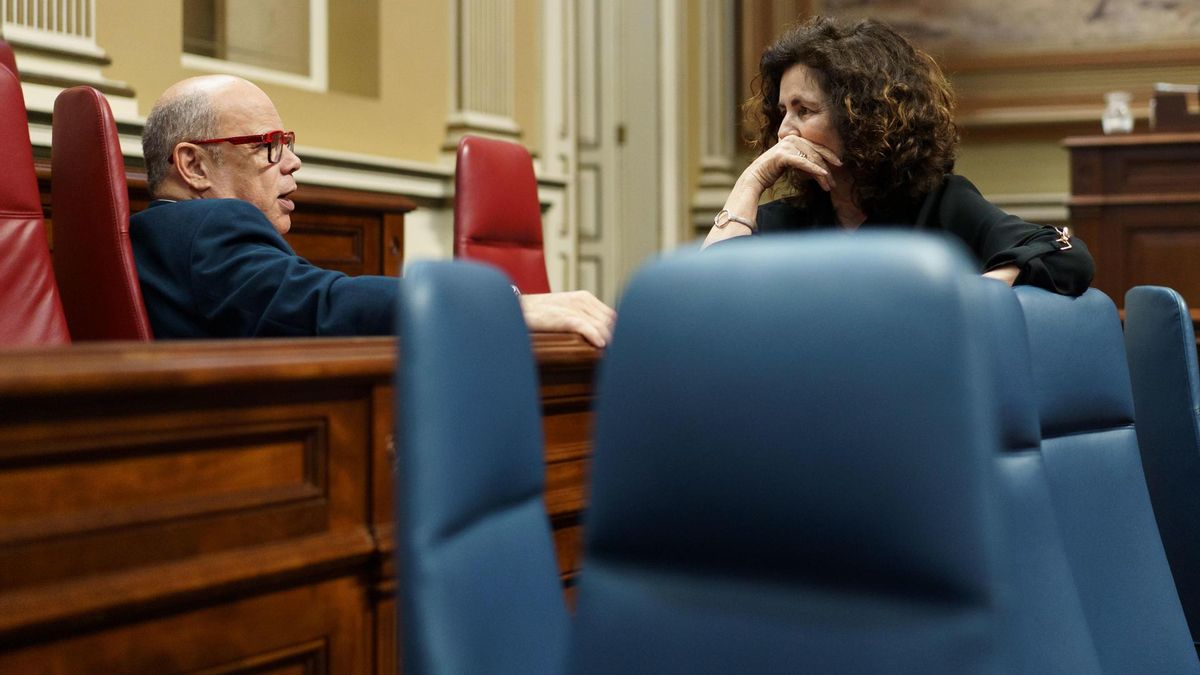 La consejera de Hacienda del Gobierno de Canarias, Matilde Asián, conversa con el diputado del grupo nacionalista canario José Miguel Barragán, en el Parlamento, este martes.