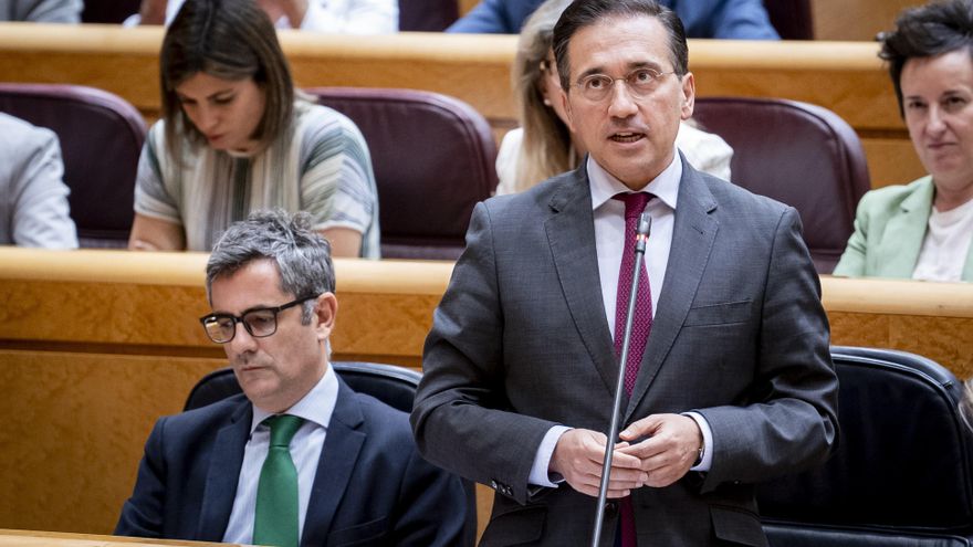 El ministro de Asuntos Exteriores, Unión Europea y Cooperación, José Manuel Albares, interviene durante una sesión de control al Gobierno en el Senado