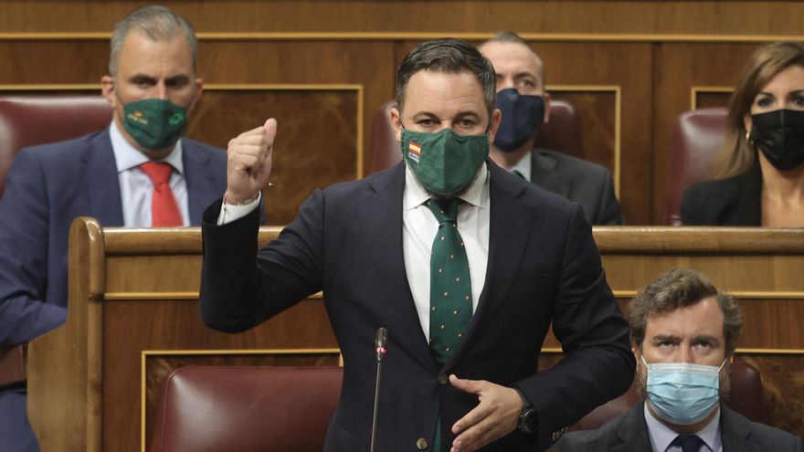 El líder de Vox, Santiago Abascal, interviene en una sesión de control al Gobierno en el Congreso de los Diputados, a 15 de septiembre de 2021, en Madrid, (España).