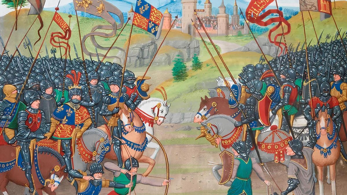 Batalla de Nájera entre las tropas del rey Pedro I de Castilla y las de su hermanastro Enrique de Trastámara, aspirante al trono, representada en el Manuscrito de las Crónicas de Jean Froissart