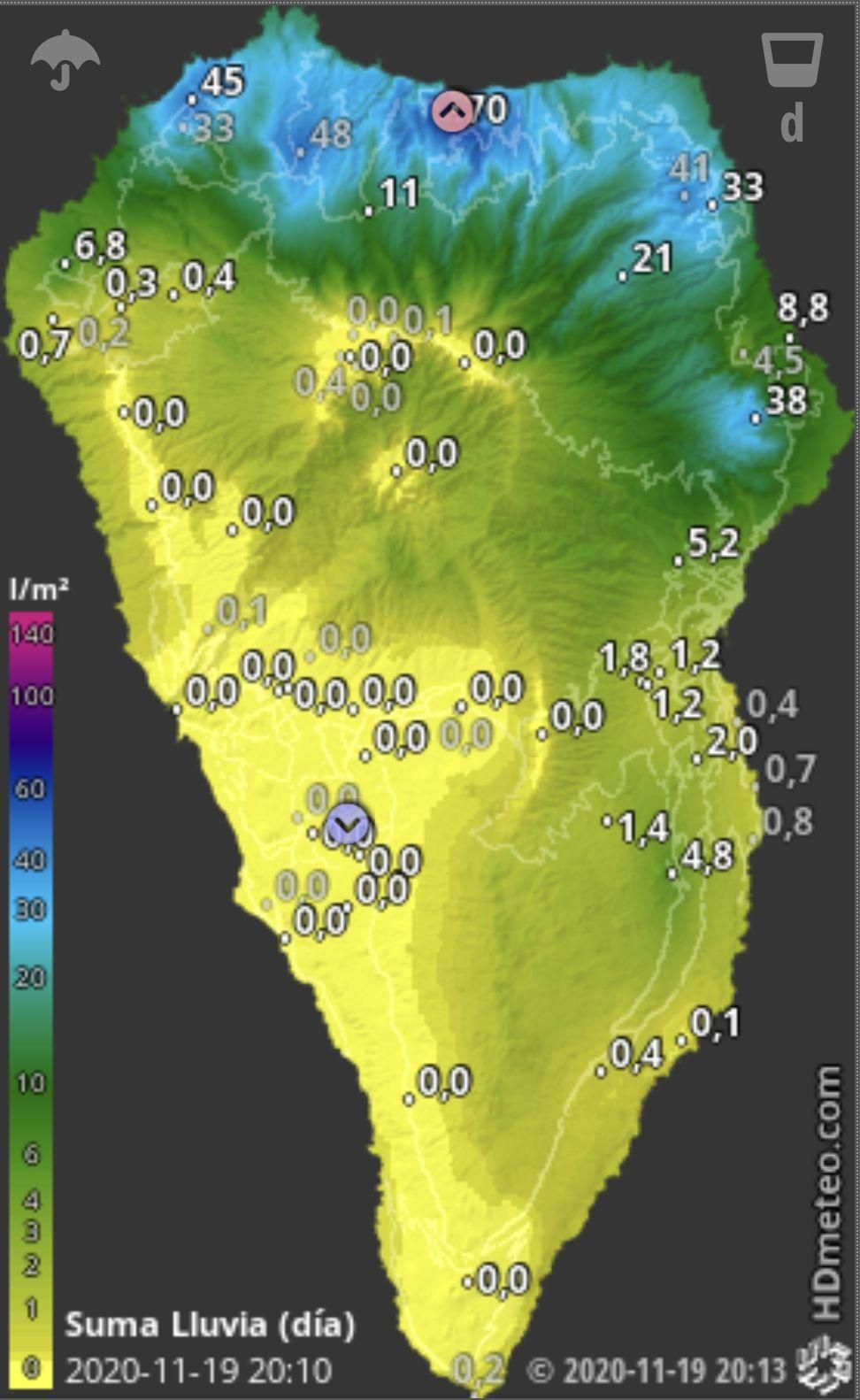 Mapa de HD Meteo La Palma de la lluvia caída, hasta las 20.10 horas de este jueves, 19 de noviembre.