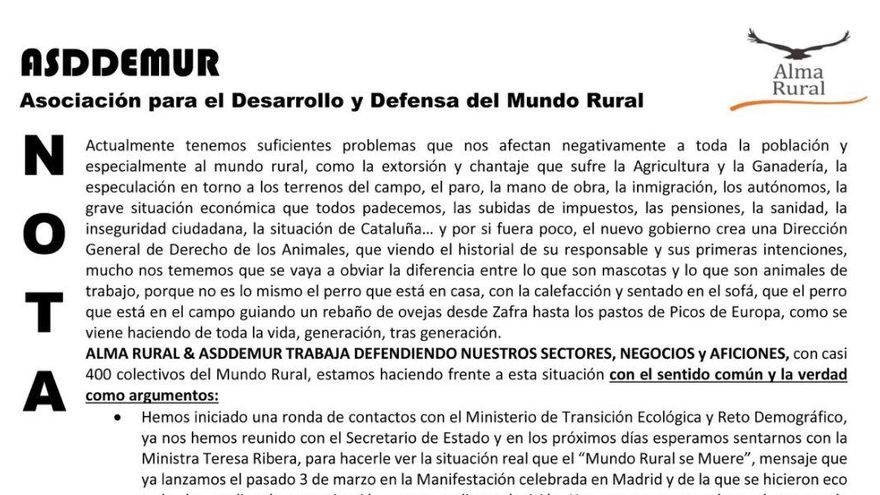 Comunicado de Alma Rural en febrero de 2020.
