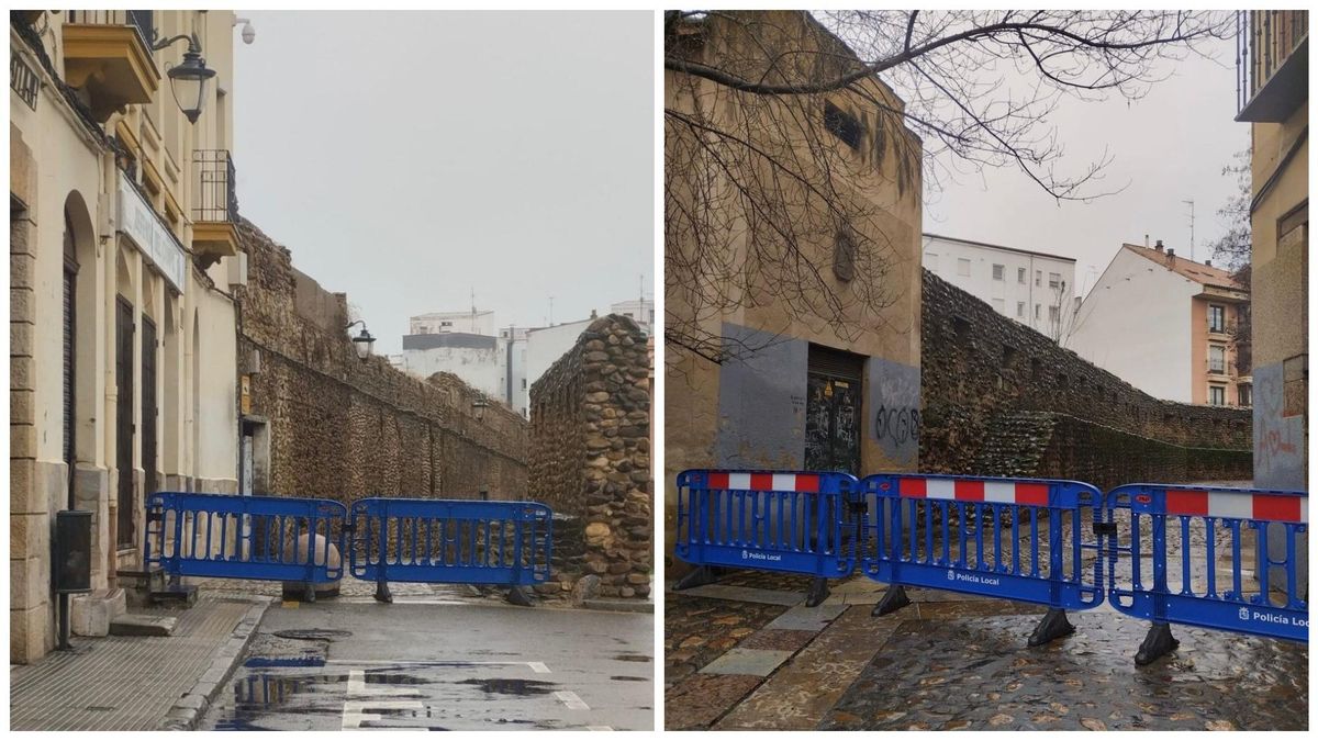 Cortada la calle Las Cercas, junto a la muralla medieval de León, por el derrumbe de una pared y la alerta meteorológica