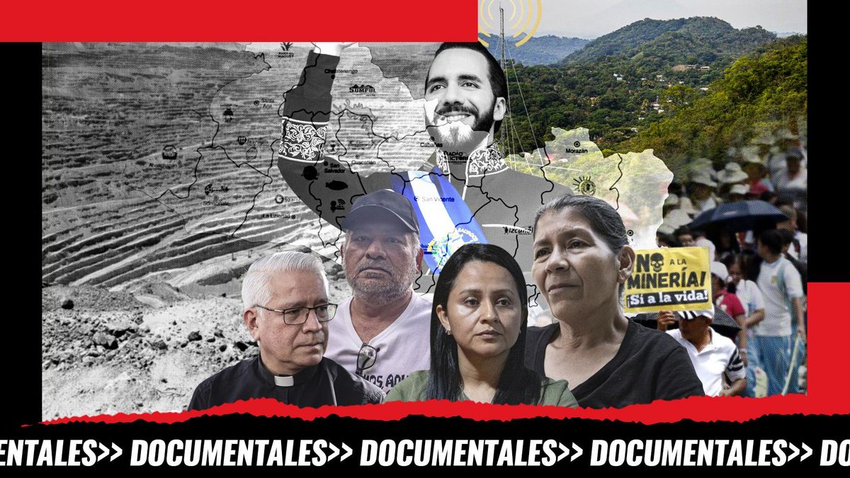 Montaje: en blanco y negro una mina metálica y Nayib Bukele, Presidente de El Salvado, y frente a él algunas de las personas entrevistadas en este documental, de izquierda a derecha, el padre Chopin, Alfredo, Marixela y Vidalina