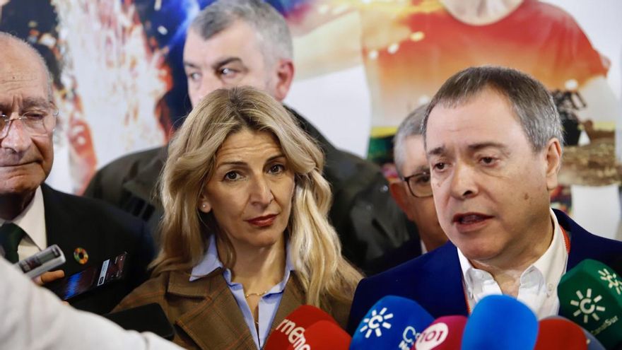 La vicepresidenta segunda y ministra de Trabajo, Yolanda Díaz, junto al secretario general de UGT Andalucía Mariano Hoya.