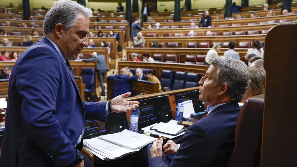 El responsable autonómico del PP, Elías Bendodo, habla con su jefe de filas, Alberto Núñez Feijóo, el pasado miércoles en el Congreso.