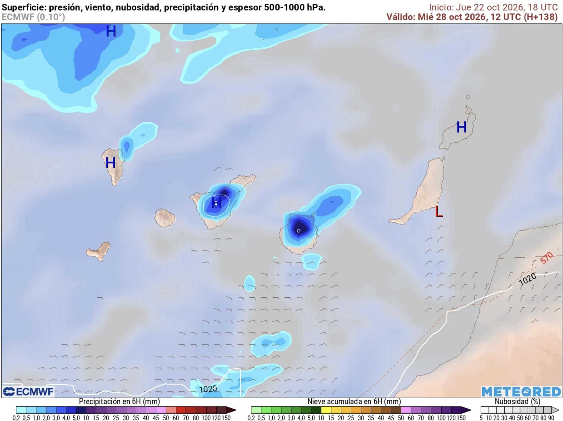 Mapa de la previsión del tiempo para el miércoles 28 de octubre en Canarias.