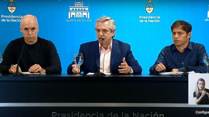 Rodríguez Larreta, con el presidente Fernández y el gobernador Axel Kicillof, en Olivos, durante los primeros meses de la pandemia. Las conferencias le dieron visibilidad en todo el país.