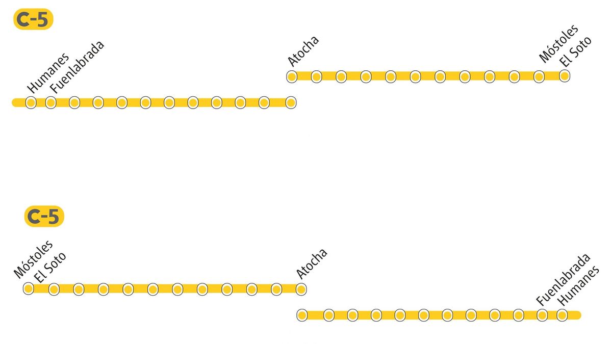 Cortes matinales en la C-5 de Cercanías Madrid durante cuatro fines de semana: los trenes solo circularán hasta Atocha