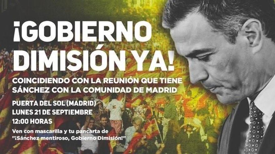 Cartel de la concentración contra la gestión de la pandemia por parte del Gobierno.