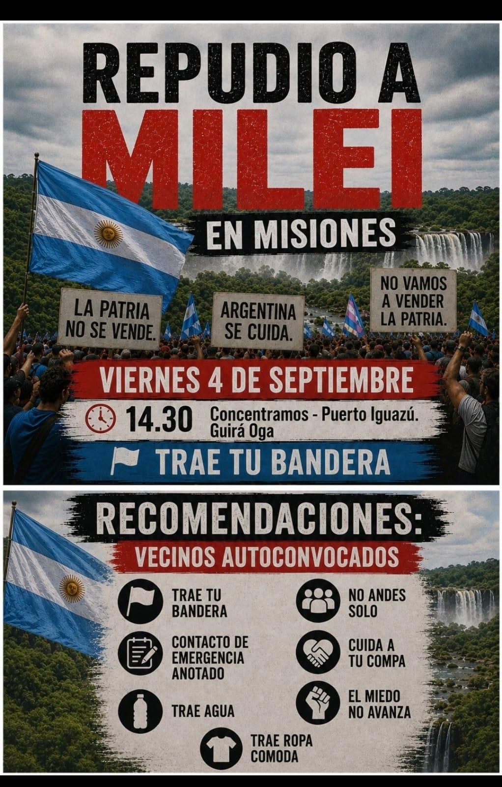 Convocatoria virtual de reclamos contra la visita de Javier Milei a Misiones.