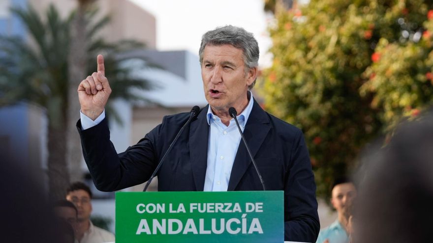 El presidente del Partido Popular, Alberto Núñez Feijóo interviene en el mitin de precampaña de las elecciones andaluzas.