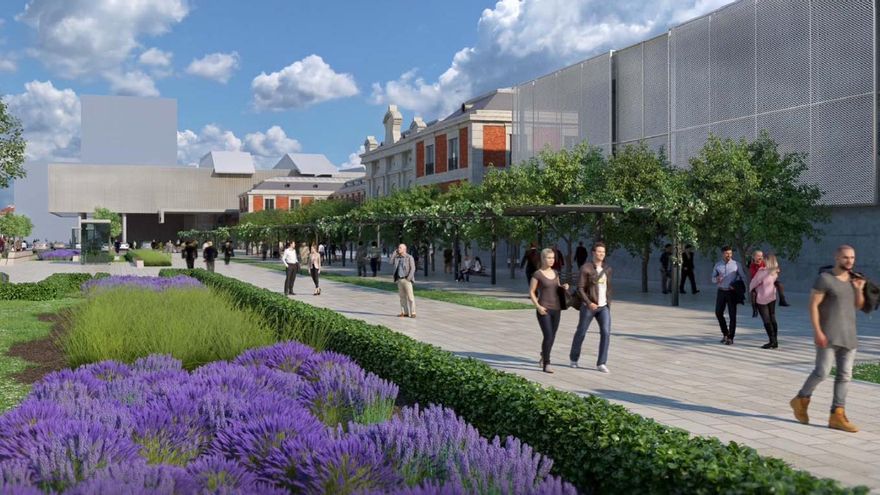 Vista de la actual estación con los nuevos edificios y el paseo peatonal.