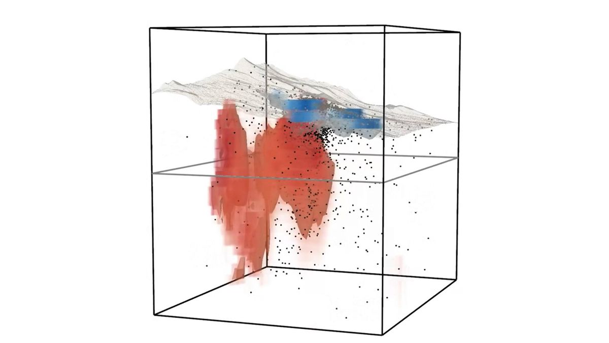Mapa interno en 3D del volcán Tajogaite. INVOCALN