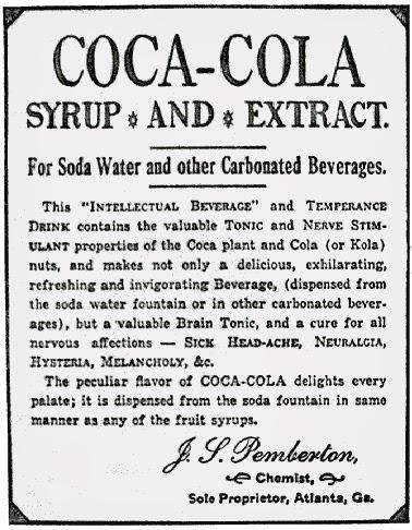 Un anuncio de la Coca Cola original en 1886.