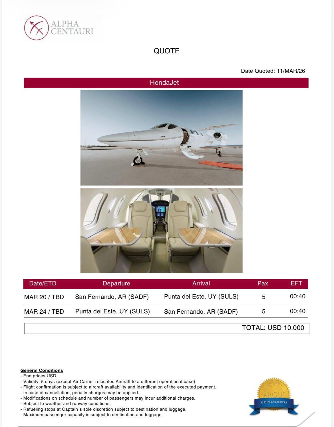 Presupuesto de la empresa Alpha Centauri por un vuelo similar en la misma nave que utilizaron los Adorni y Marcelo Grandio