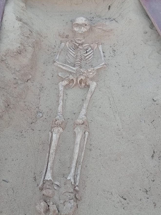 Esqueleto de uno de los adultos, en este caso de una mujer,  que se han encontrado en San Marcial del Rubicón