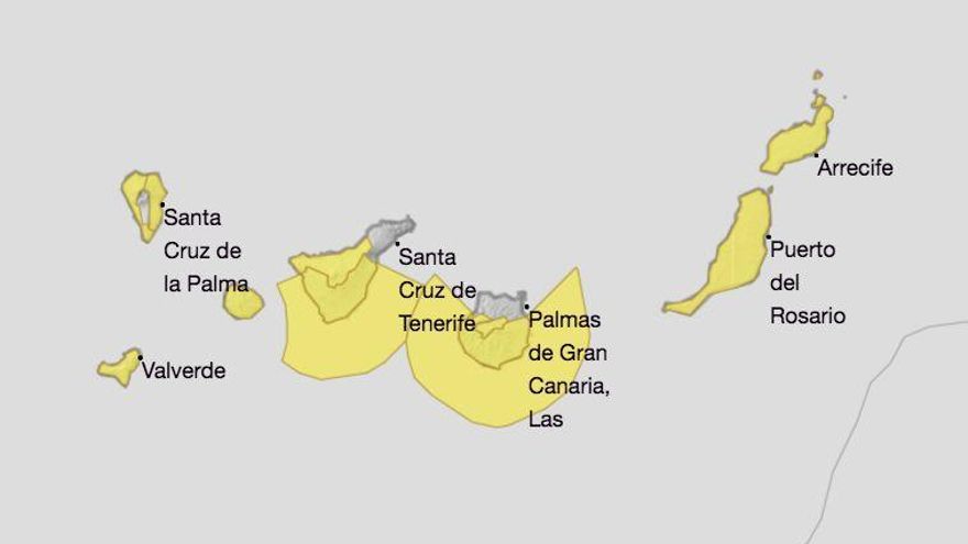 Mapa de la Aemet de los avisos de riesgo por viento y altas temperaturas  para este martes, 13 de julio.