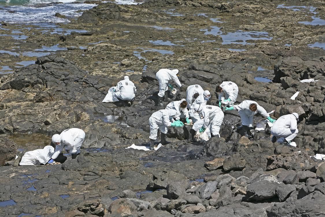 Trabajos de limpieza del vertido de fuel en la playa de Arinaga. (ALEJANDRO RAMOS)