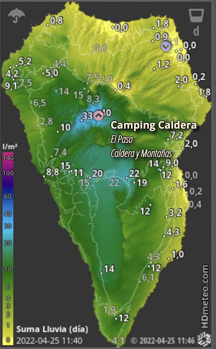 Mapa de HD Meteo La Palma de la lluvia que, hasta las 1.146 horas de este lunes,  25 de abril, ha caído en distintos puntos de la Isla.