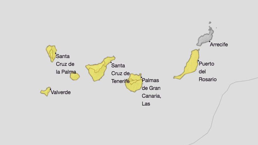 Mapa de la Aemet de los avisos de riesgo por polvo en suspensión para este miércoles.