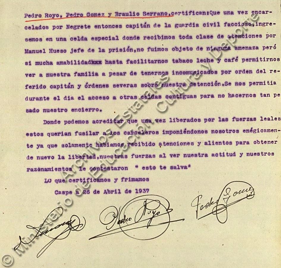 Documento del proceso por "hostilidad y desafección al régimen" al que se vio sometido durante la singular experiencia de autogobierno del Consejo de Aragón, proceso en el que resultó absuelto entre otras cosas porque se ratificaron en su defensa los mismos que tiempo atrás le habían salvado la vida, como queda reflejado ahí.