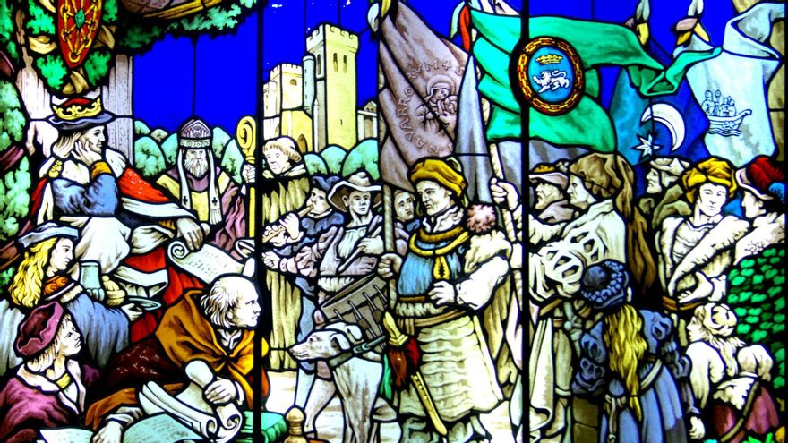 Vidriera situada en el Ayuntamiento de Pamplona que representa el Privilegio de la Unión.