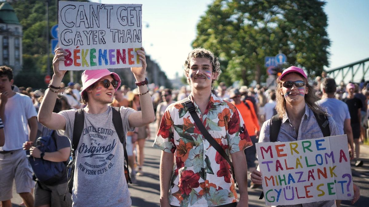 Varios manifestantes sujetan carteles durante la celebración de la protesta LGTBIQ.