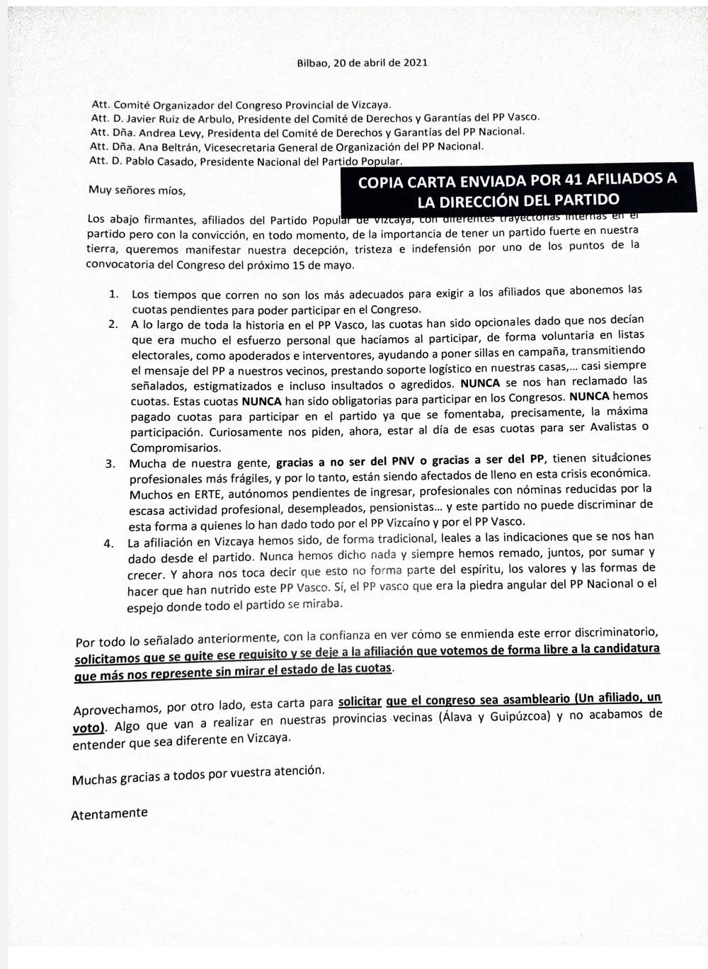 Carta enviada por 41 afiliados del PP a la dirección del partido