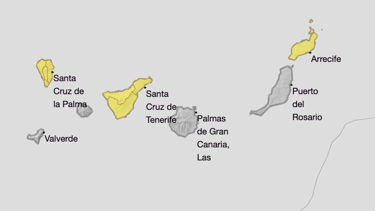 Mapa de la Aemet del aviso por lluvia en el este de La Palma, Tenerife y Lanzarote, el miércoles 16 de octubre.