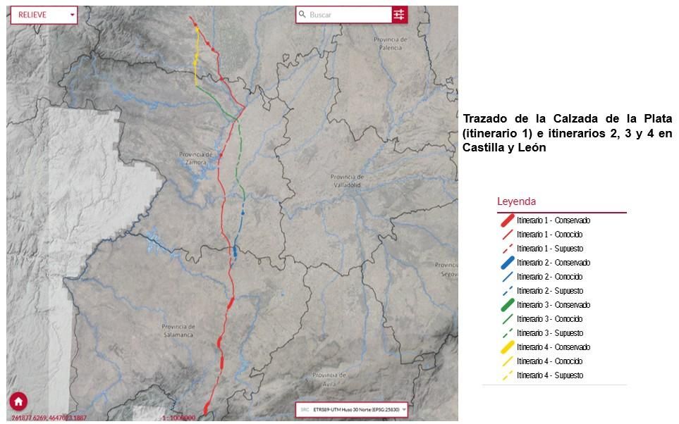 Trazado de Calzada de la Plata e itinerarios entre Mérida y Astorga.