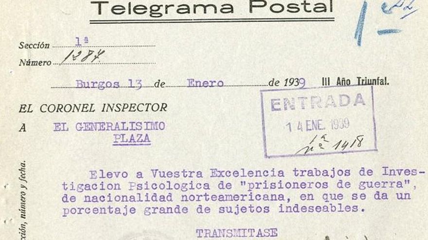 Telegrama para Franco con los "trabajos de Investigación Psicológica" con los prisioneros norteamericanos del campo.