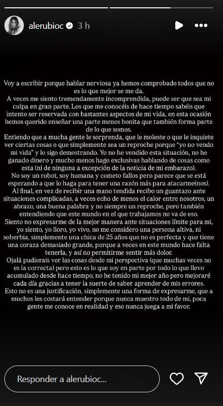 Mensaje de Alejandra Rubio en su perfil de Instagram