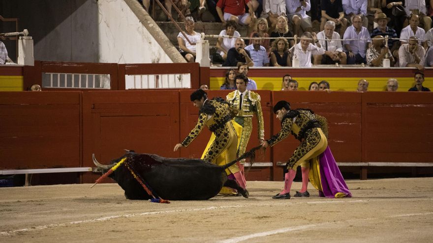Un toro yace herido en el suelo durante la intervención de Cayetano Rivera Ordóñez.