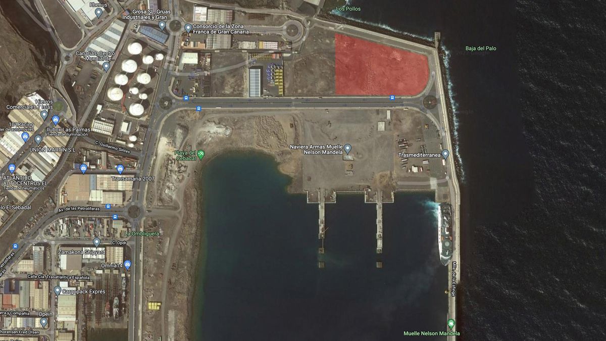 En rojo, el terreno en el que se instalaría la granja de pulpos de Nueva Pescanova, en el muelle Nelson Mandela del Puerto de La Luz y de Las Palmas.