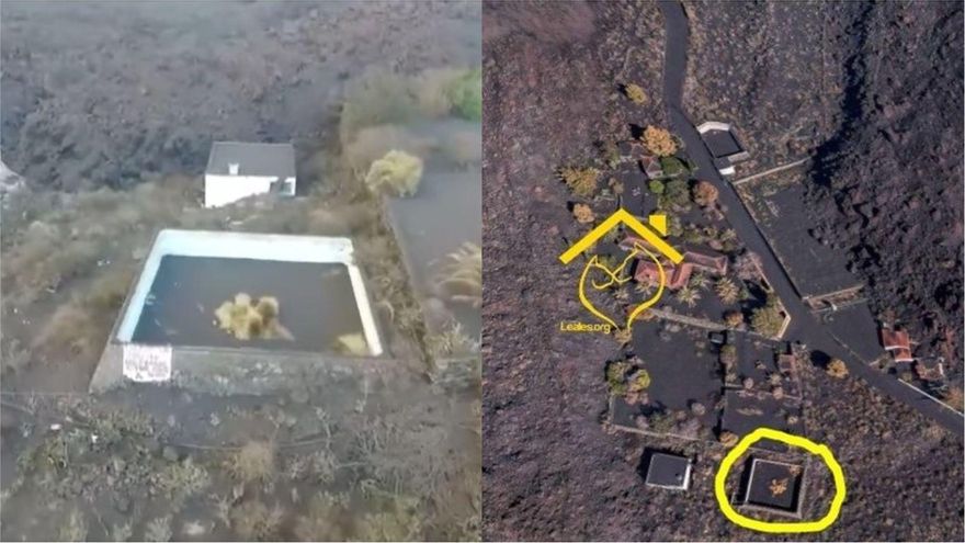 Estanque con la pancarta, a la izquierda, y los dos estanques identificados por Leales.org. Se aprecia la construcción cuadrada situada detrás, y los arbustos del centro y una de las esquinas del recinto