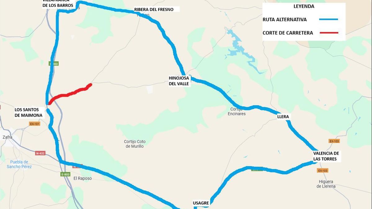 Corte de tráfico en la carretera que une Los Santos de Maimona y Valencia de las Torres