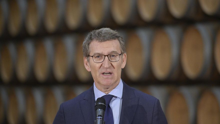 El presidente del Partido Popular, Alberto Núñez Feijóo (en la imagen), durante su visita a la empresa García Carrión, acompañado del presidente del PP de Castilla-La Mancha, Paco Núñez, este jueves en Daimiel, Ciudad Real. EFE/Jesús Monroy