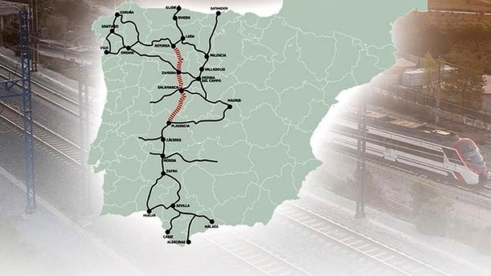 En rojo el ferrocarril Vía de la Plata entre Astorga (León) y Plasencia (Cáceres).