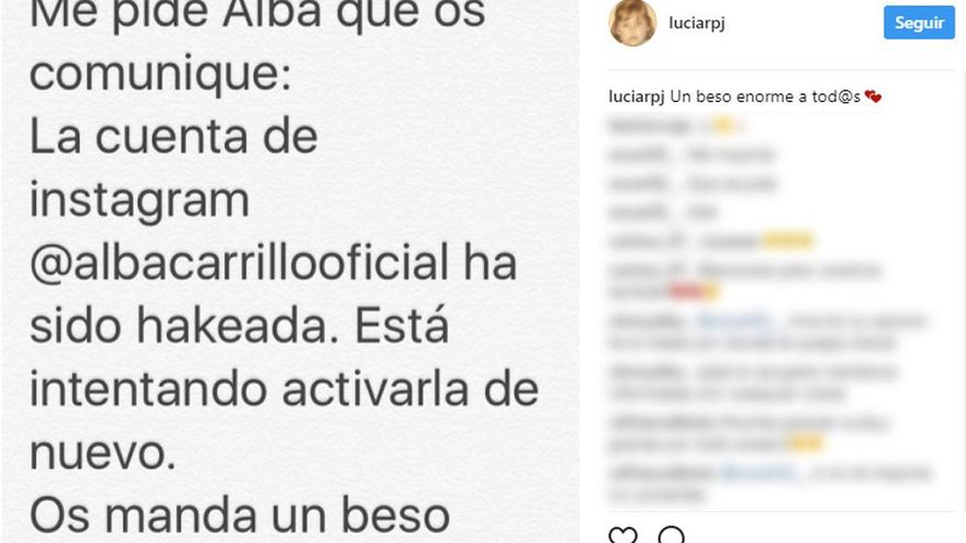 Lucía Pariente avisa del hackeo sufrido por Alba Carrillo