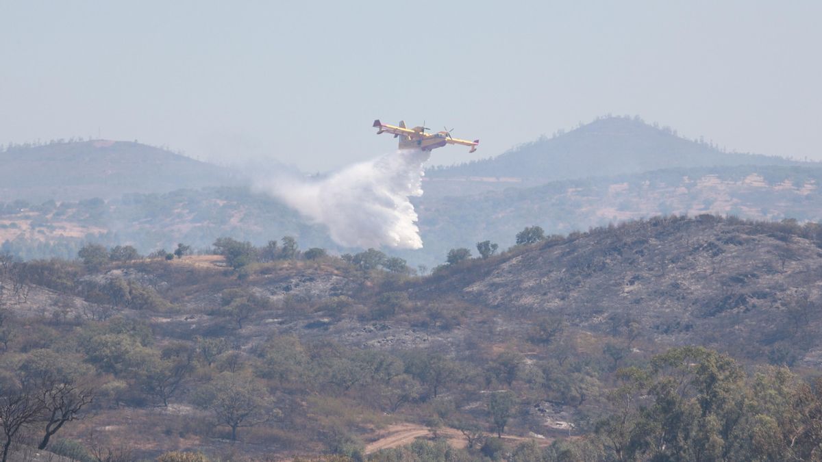 Medios aéreos trabajando en las labores de extinción del incendio forestal declarado el pasado lunes en el municipio onubense de Villanueva de los Castillejos.