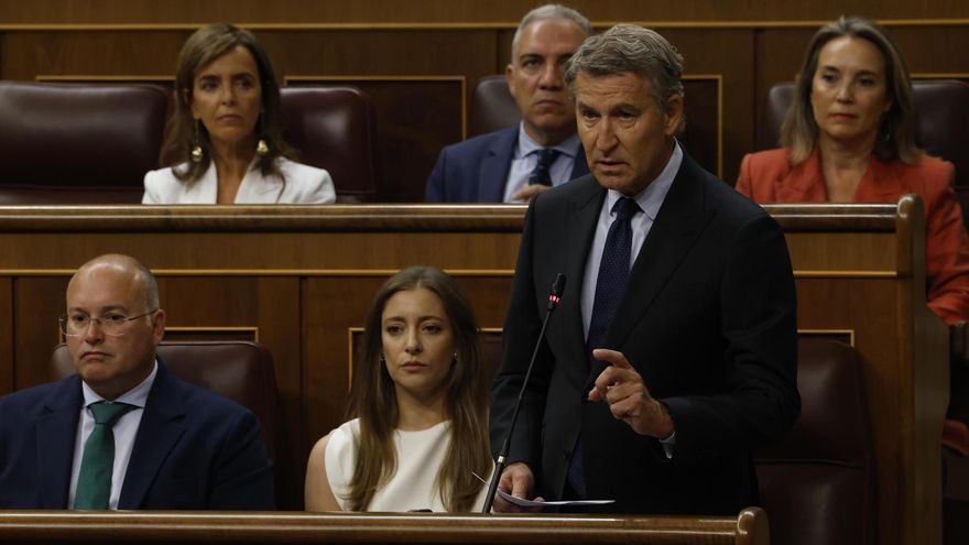 El líder del Partido Popular, Alberto Núñez Feijoó, interviene durante la primera sesión de control del Congreso del curso político, este miércoles.