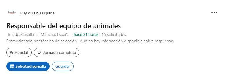 Captura de pantalla de la oferta de empleo publicada por Puy du Fou