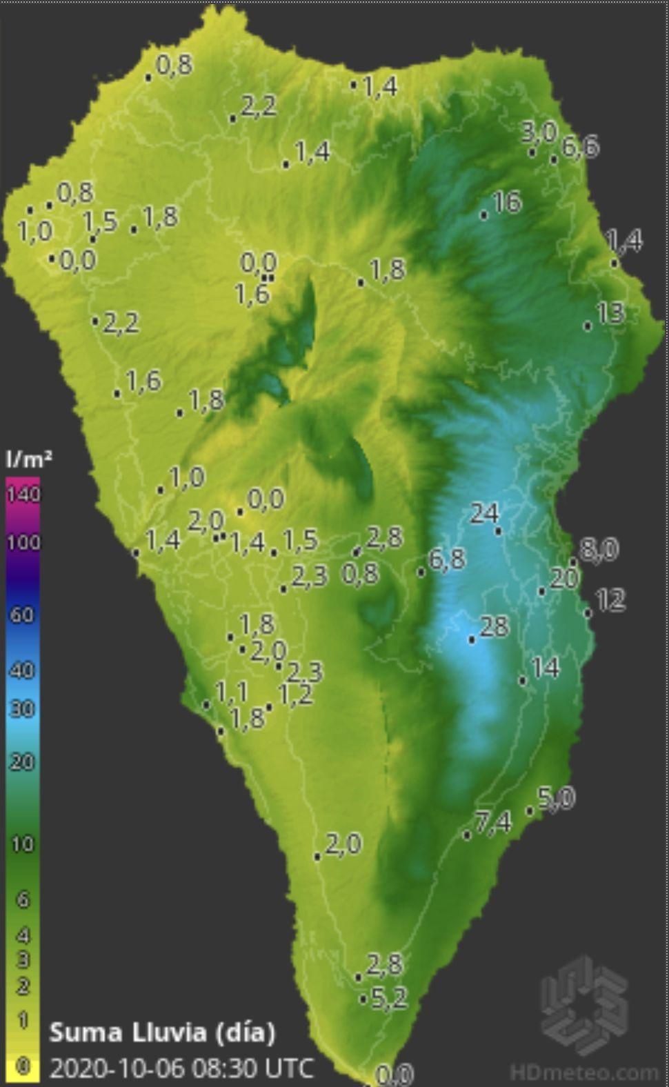 Mapa de HD Meteo La Palma de la lluvia caída, hasta las 08.30 horas de este martes, 6 de octubre, en La Palma.