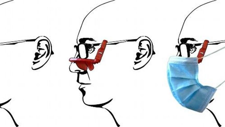 El dispositivo se fija por encima de las fosas nasales y se acopla a las patillas de las gafas.